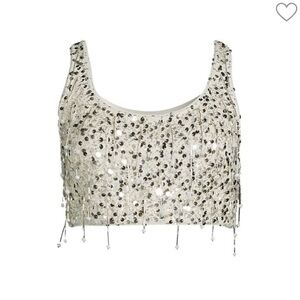 Sequin Embellished White Crop Tank Top